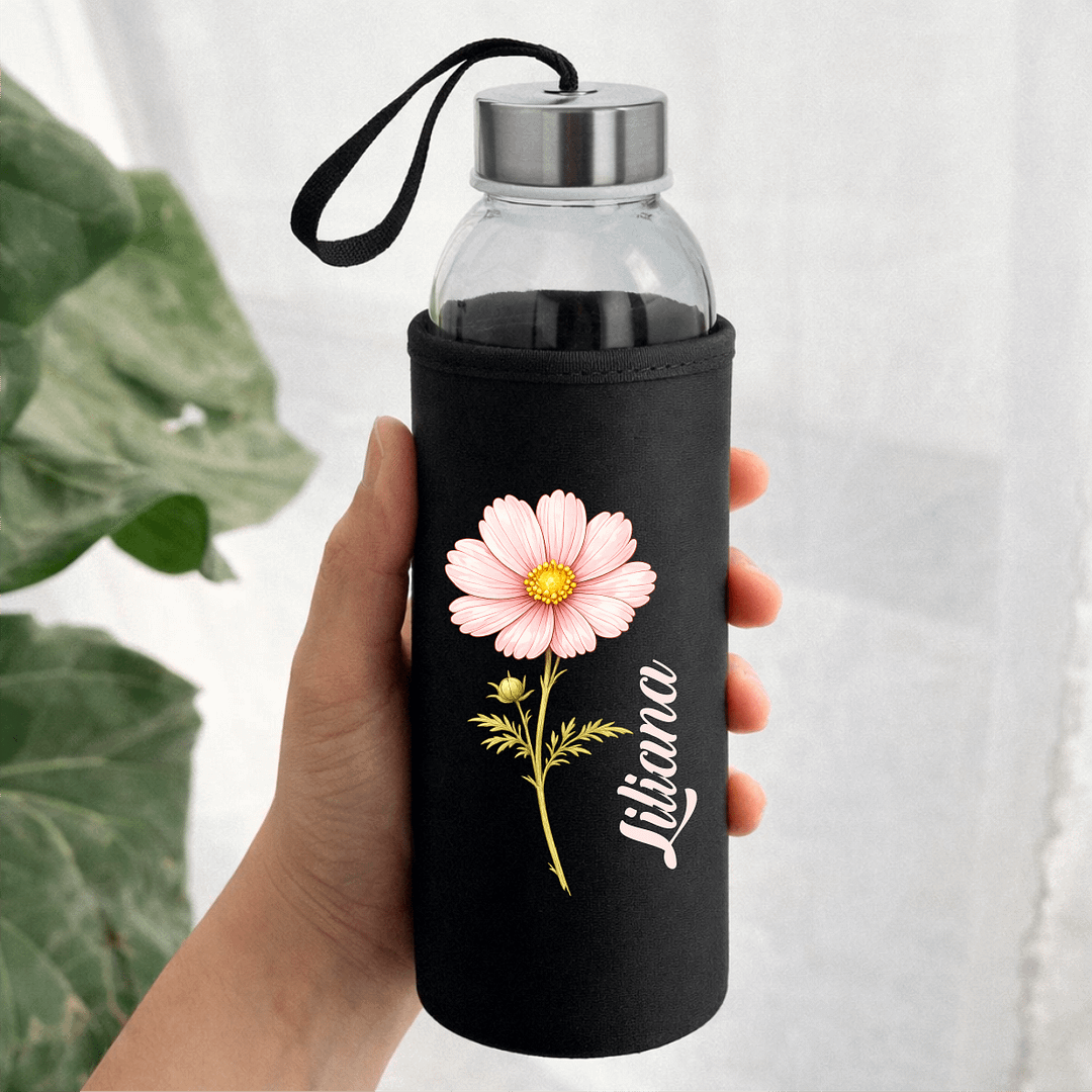 Sticlă cu husă personalizată cu floare și nume